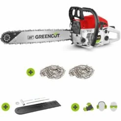 Tronçonneuse à Essence 65cc 3.8hp, Moteur 2 Temps, Lame 20", Longueur De Coupe 50.8cm, Abattage, 5.65kg, Avec 3 Chaînes Et Fourreau - Greencut GS650X