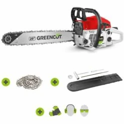 Tronçonneuse à Essence 61,2cc 3,6hp, Moteur Thermique 2 Temps, Lame 20", Longueur De Coupe 50,8cm, Pour L'abattage Et L'élagage, Avec 2 Chaînes Et Anti-vibration - Greencut GS610X
