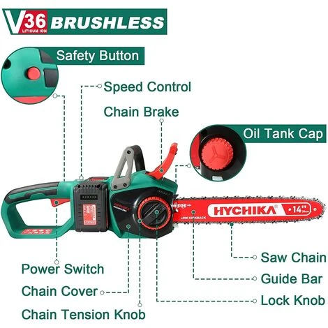 Tronçonneuse Sans Fil 36V, HYCHIKA 8000RPM Scie à ChaîNe ÉLectrique Sans Balai, Barre De Coupe 35,5cm, 2 Piles De 4,0 A, Tension De Chaîne Sans Outils, Lubrification Des Chaînes Automobiles 7 Tronçonneuse Sans Fil 36V, HYCHIKA 8000RPM Scie à ChaîNe ÉLectrique Sans Balai, Barre De Coupe 35,5cm, 2 Piles De 4,0 A, Tension De Chaîne Sans Outils, Lubrification Des Chaînes Automobiles – Image 5