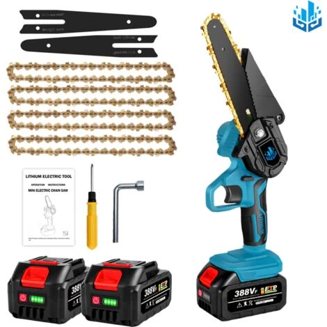 Scie à Chaîne électroportative 1200W ONEVAN - Mini Tronçonneuse électrique - Sans Fil 6 Pouces Pour Makita 18V - Vitesse Réglable Pour La Coupe Du Bois - Bleu Avec 2 Batteries, 4 Chaînes Or Et 2 Guide 3 Scie à Chaîne électroportative 1200W ONEVAN - Mini Tronçonneuse électrique - Sans Fil 6 Pouces Pour Makita 18V - Vitesse Réglable Pour La Coupe Du Bois - Bleu Avec 2 Batteries, 4 Chaînes Or Et 2 Guide