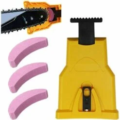 TINOR Aiguiseur De Dents Pour Tronçonneuse,Aiguiseur Automatique(1Pcs), Pierre à Aiguiser Remplaçable(3 Pcs), Ajustement Barre De Guidage Avec 2 Trous De Guidage (Jaune)