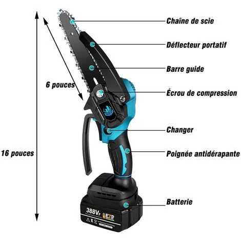 Scie à Chaîne électroportative Brushless 6 Pouces 1200W ONEVAN Mini Tronçonneuse électrique Sans Fil Pour Makita 18V | Vitesse Réglable Pour La Coupe Du Bois - Avec 2*Batteries+6*chaine 4 Scie à Chaîne électroportative Brushless 6 Pouces 1200W ONEVAN Mini Tronçonneuse électrique Sans Fil Pour Makita 18V | Vitesse Réglable Pour La Coupe Du Bois - Avec 2*Batteries+6*chaine – Image 2