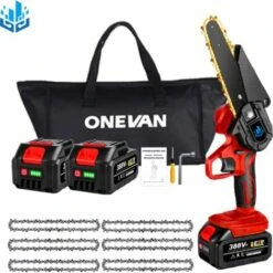 Scie à Chaîne électroportative Sans Fil | Tronçonneuse à Batterie 6" 1200W | Pour Makita 18V Batterie - Vitesse Réglable Pour La Coupe Du Bois - Onevan - Rouge - Avec 2*Batterie + 6*chaine Argent