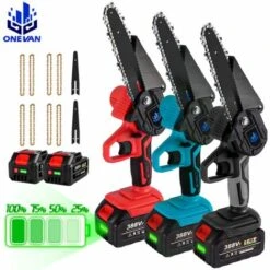 Scie à Chaîne électroportative | Tronçonneuse à Batterie 6 Pouces Sans Fil 1200W | Pour Makita 18V Batterie - Vitesse Réglable Pour La Coupe Du Bois - Onevan - Avec 2*Batterie+8*chaine Or+2*guide - Bleu