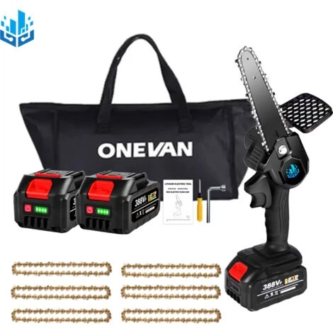 Scie à Chaîne électroportative Sans Fil | Tronçonneuse à Batterie 6” 1200W ONEVAN - Mini Tronçonneuse Pour Makita 18V Batterie - Noir - Avec 2*batterie+6*chaine Or+1*sac 3 Scie à Chaîne électroportative Sans Fil | Tronçonneuse à Batterie 6” 1200W ONEVAN - Mini Tronçonneuse Pour Makita 18V Batterie - Noir - Avec 2*batterie+6*chaine Or+1*sac
