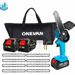 Scie à Chaîne électroportative Sans Fil | Tronçonneuse à Batterie 6” 1200W ONEVAN - Mini Tronçonneuse Pour Makita 18V Batterie - Bleu - Avec 2*batterie+8*chaine Argent+1*sac