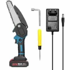 TANCYCO Scies D'élagage électriques Portables 21 V 6 Pouces Petit Moteur De Brosse De Tronçonneuse à Fendre Le Bois Outil De Travail Du Bois à Une Main Pour Jardin Verger (bleu 1 Batterie)