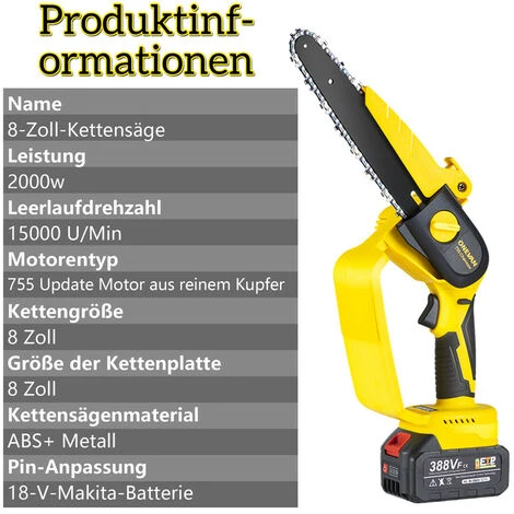 Tronçonneuse à Batterie 8" Scie à Chaîne électroportative Sans Fil ONEVAN, Mini Tronçonneuse électrique Convient Pour Makita 18V Batterie, Jaune - Avec 1*sac+2*batterie 4 Tronçonneuse à Batterie 8" Scie à Chaîne électroportative Sans Fil ONEVAN, Mini Tronçonneuse électrique Convient Pour Makita 18V Batterie, Jaune - Avec 1*sac+2*batterie – Image 2