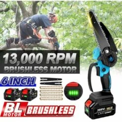 Tronçonneuse à Batterie Mini Scie à Chaîne électroportative 1200W ONEVAN , Mini Tronçonneuse électrique Sans Fil 6 Pouces Pour Makita 18V - Vitesse Réglable Pour La Coupe Du Bois - Bleu - Avec 2*batteries + 4*chaines Or + 2*guide