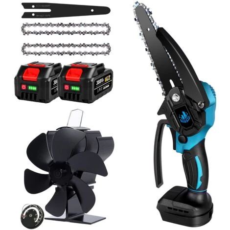 Tronçonneuse à Batterie Mini Scie à Chaîne électroportative ONEVAN , Mini Tronçonneuse électrique Avec 2*batteires, 2*chaines Et 1*guides + Ventilateur De Poêle à 6 Lames Avec Thermometre 3 Tronçonneuse à Batterie Mini Scie à Chaîne électroportative ONEVAN , Mini Tronçonneuse électrique Avec 2*batteires, 2*chaines Et 1*guides + Ventilateur De Poêle à 6 Lames Avec Thermometre